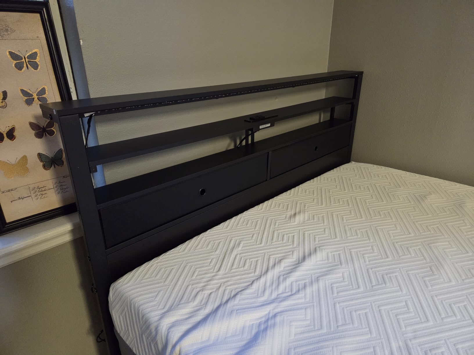 Furnulem Full Size Bed Frame with Headboard & 2 Fabric Drawers, Black Oak | Full Platform Bed Featuring LED Lights, Built-in Charging Station & 3-Tier Storage Shelves, Metal Slats, No Box Spring Needed customer photo 1