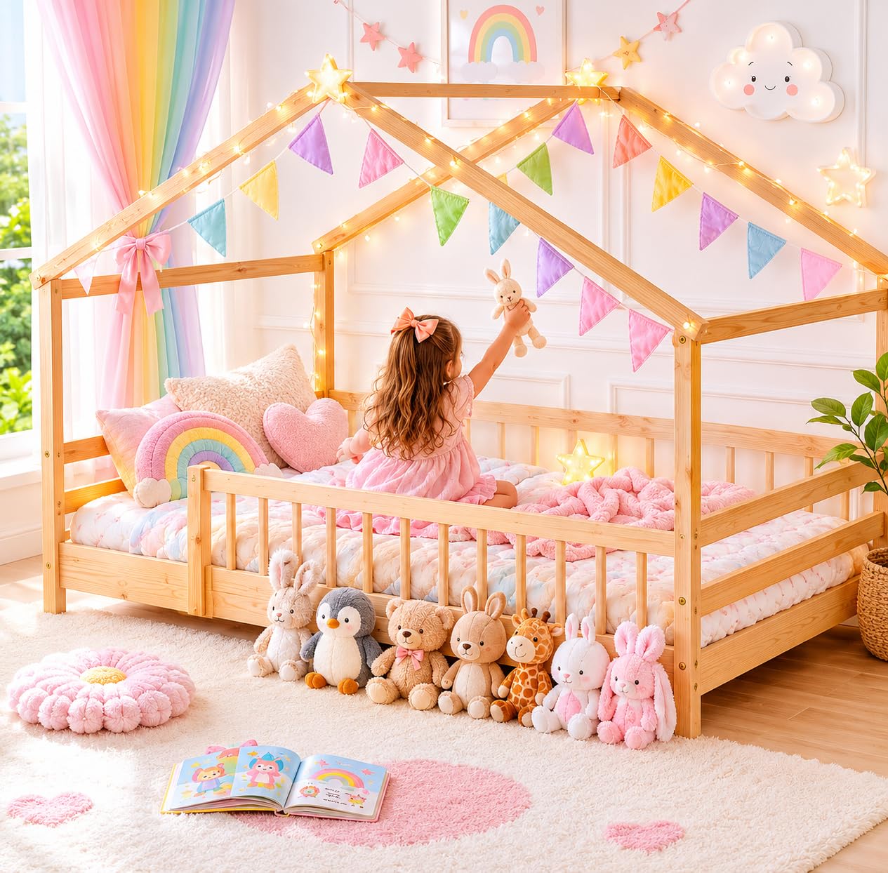 Twin House Bed, Montessori Floor Bed with Headboard & Footboard, Solid Wood Bed Frame for Toddlers Kids Bedroom, White customer photo 1