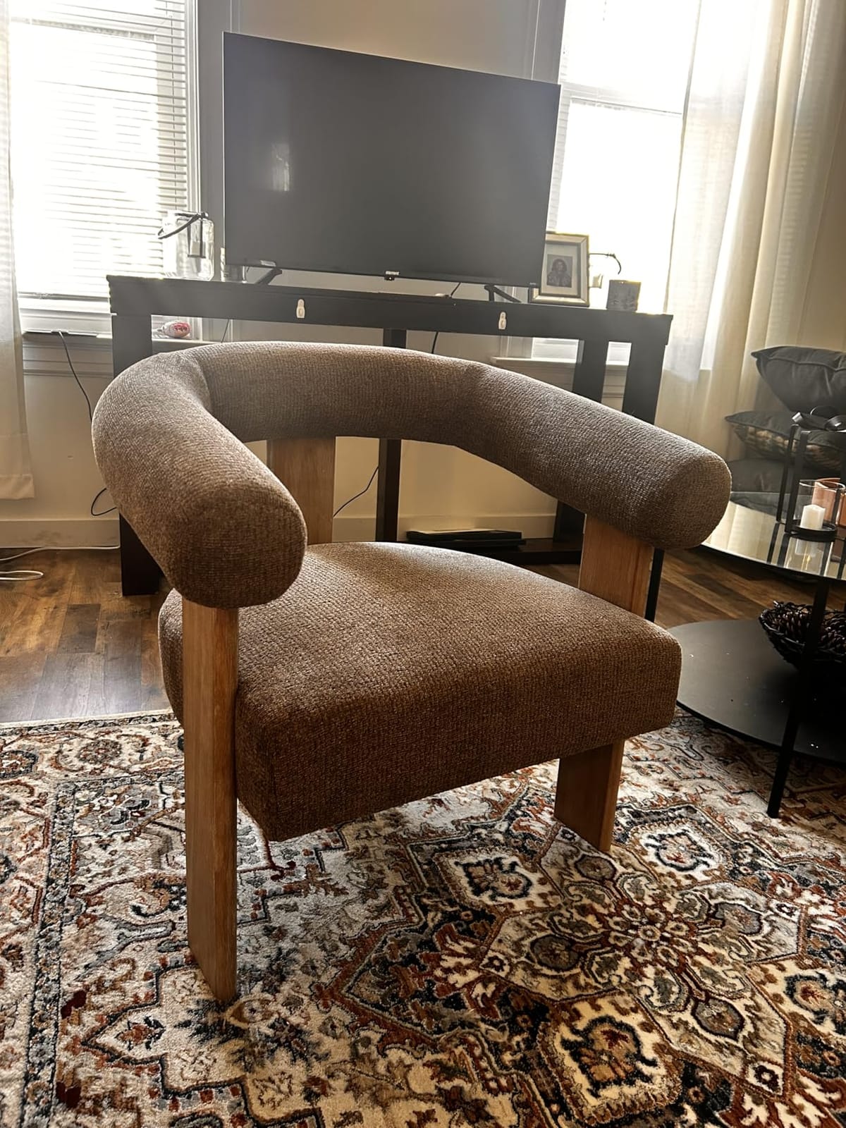 VKNOW Barrel Accent Chairs Set of 2 with Armrests and Rubberwood Legs | Mid Century Modern Upholstered Living Room Chairs with Open Back, Chenille Fabric, arm chair for Living Room, Bedroom, Brown customer photo 2
