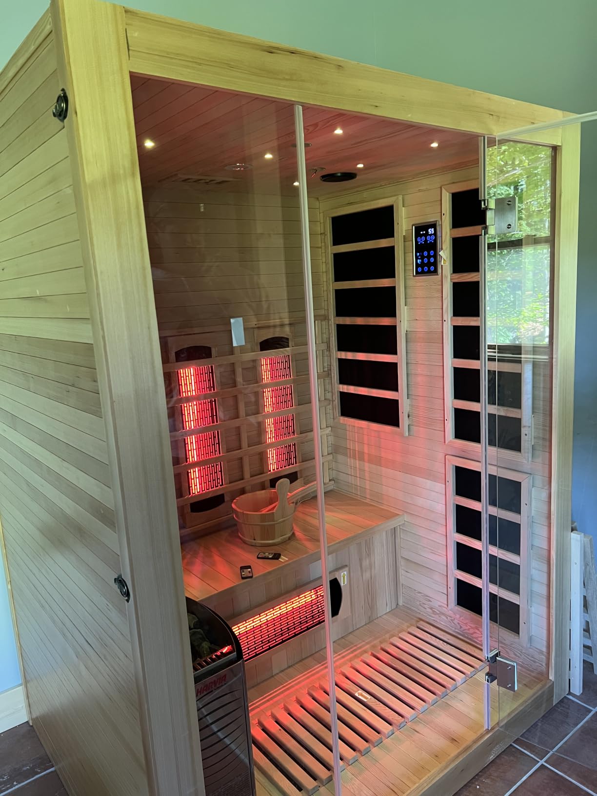 2 Person Combination Indoor Sauna, Full Spectrum Infrared & Traditional Steam Hybrid Sauna,Canadian Hemlock Wood, 3.5KW Harvia Stove, 9 IR Heater, Oxygen Bar, Bucket, Scoop, Speakers, Stones, 220V customer photo 1
