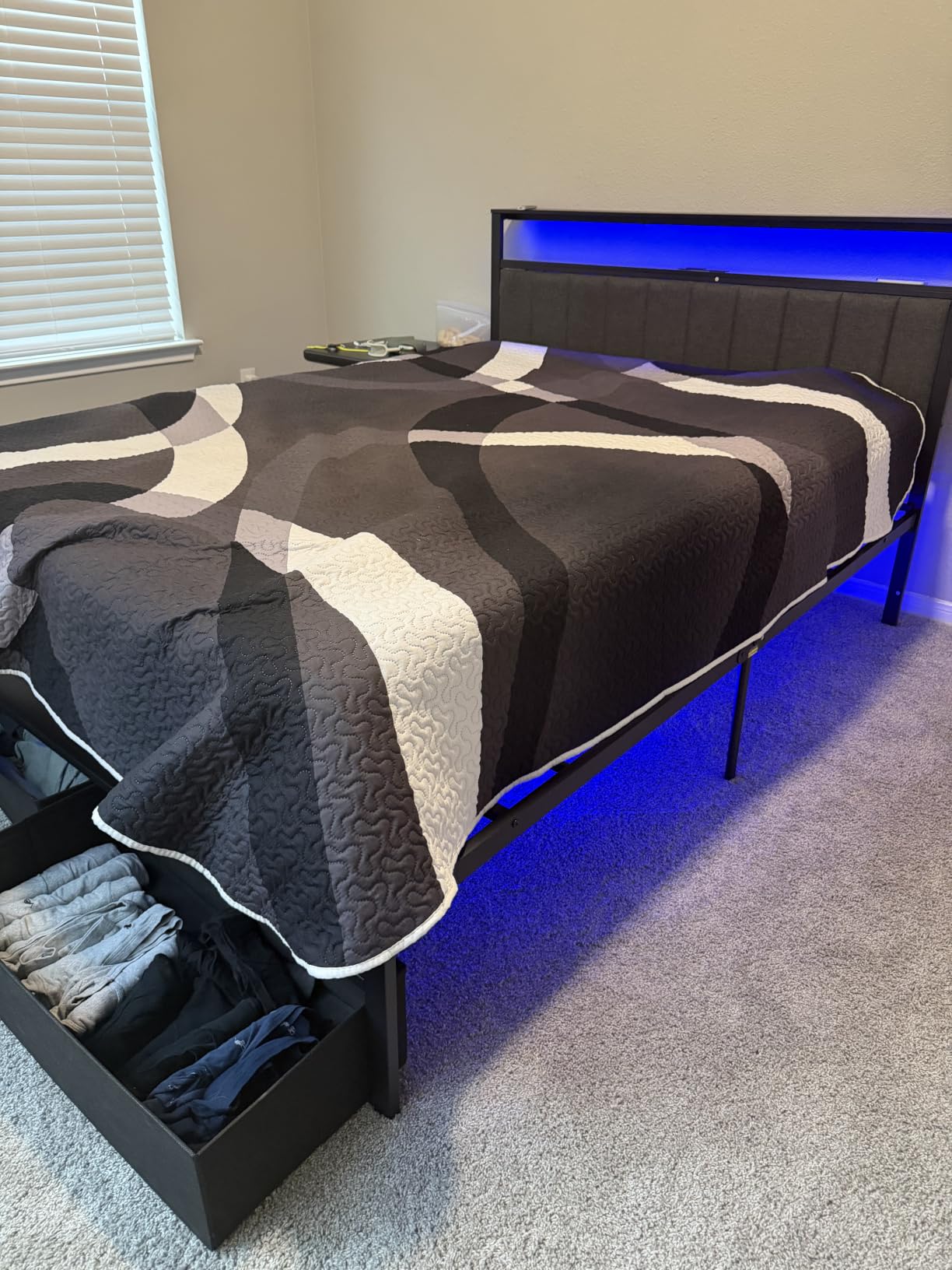 Furnulem Queen Bed Frame with Storage Drawers and Upholstered Headboard | Metal Platform Bed with Charging Station, LED Lights, 2 Tier Shelves, Fabric Drawers. No Box Spring Needed, Noise Free, Grey customer photo 1