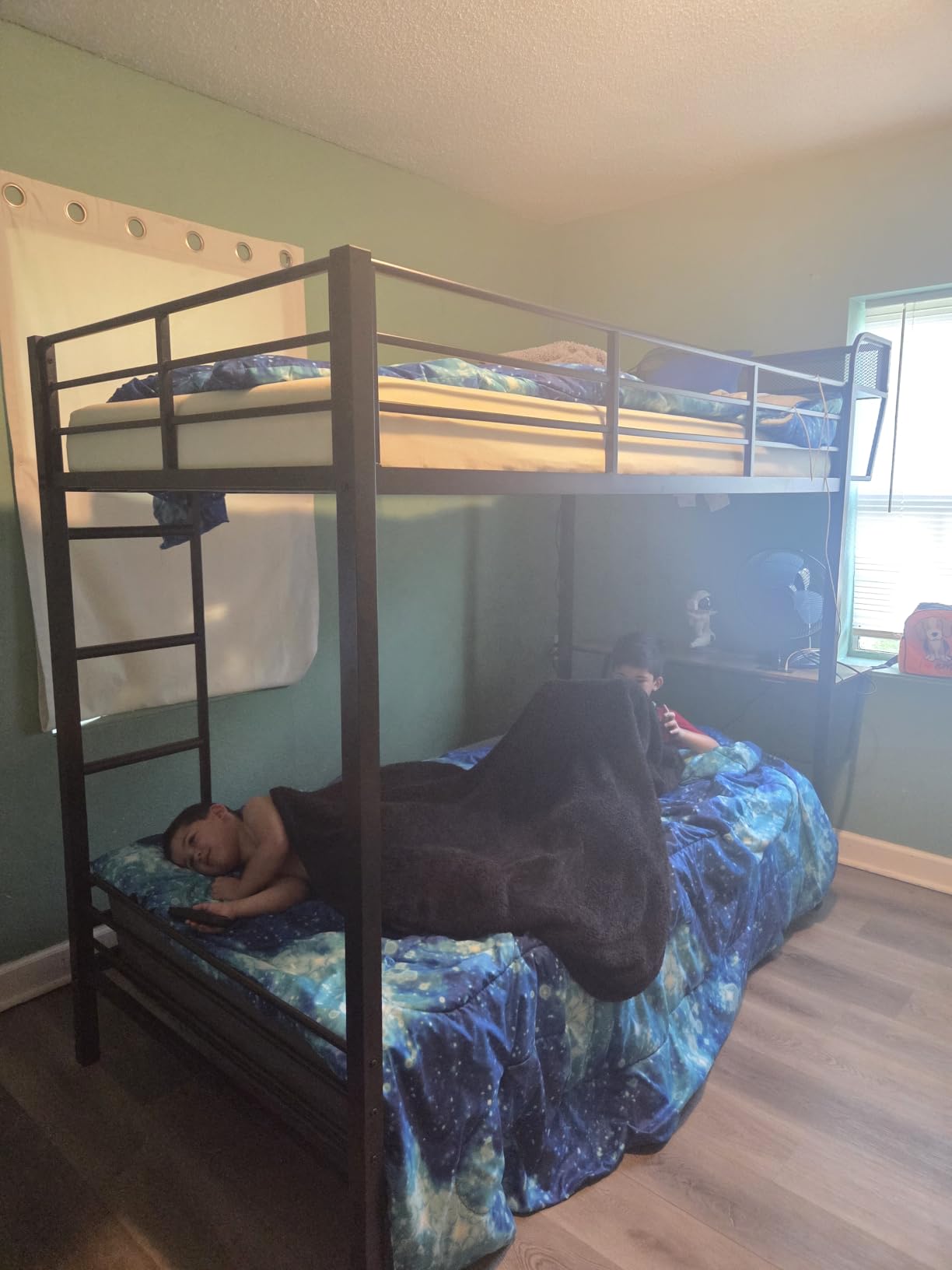 ONBRILL Bunk Bed Twin Over Twin, Metal Bunk Beds with Desk & Outlet, Black | Heavy-Duty Bunkbeds Frame with Safety Guardrail & Ladders, Upper Bed with Storage Rack, No Box Spring Needed, for Juniors customer photo 1