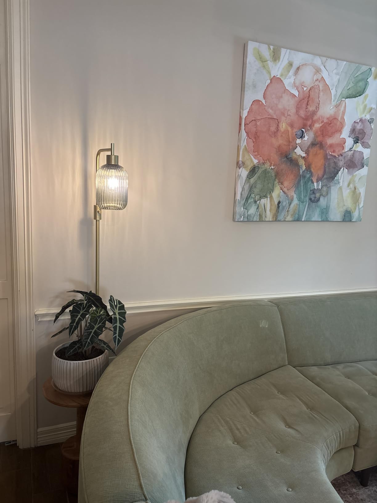 Dimmable Floor Lamp for Living Room with Clear Glass Lampshade, Gold Modern Glass Floor Lamp with 900LM LED Bulb Included, Arc Standing Tall Lamp for Bedroom, Office, Reading Room, Corner customer photo 1