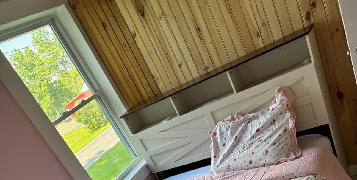 VIAGDO Queen Bed Frame with 6 Drawers, Farmhouse Bed Frame with Barn Door Headboard and Storage, Wood Platform Bed Frame Queen Size with Charging Station and LED Lights, No Box Spring Needed, White customer photo 1