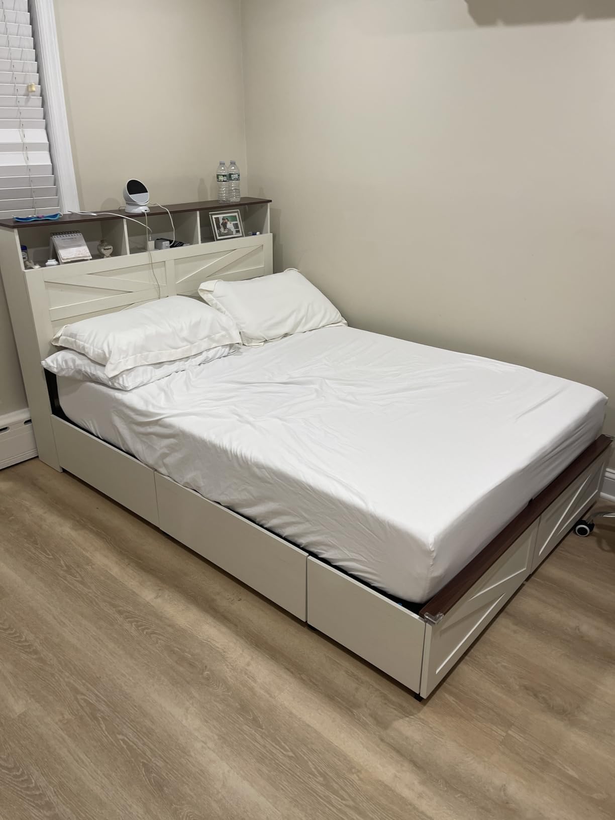 VIAGDO Queen Bed Frame with 6 Drawers, Farmhouse Bed Frame with Barn Door Headboard and Storage, Wood Platform Bed Frame Queen Size with Charging Station and LED Lights, No Box Spring Needed, White customer photo 2