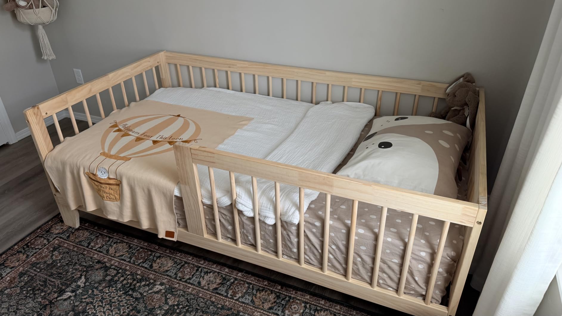 EXPERLAM Montessori Toddler Bed, Variable Twin Floor Bed Frame with Removable Guardrails and Legs, Low Wooden Kids Bed with 10 Slats and Supporting keel, Crib-to-Bed Transition for Bedroom or Nursery customer photo 1