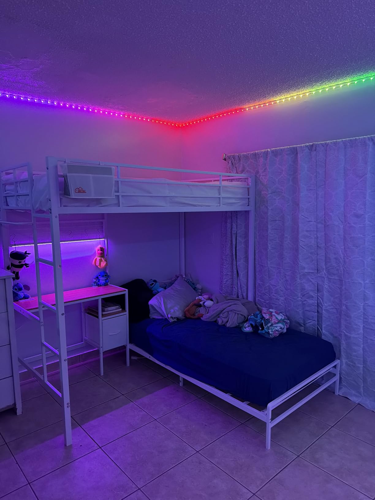 DICTAC Bunk Bed Twin Over Twin with Desk,Led Lights,Charging Station,White customer photo 1
