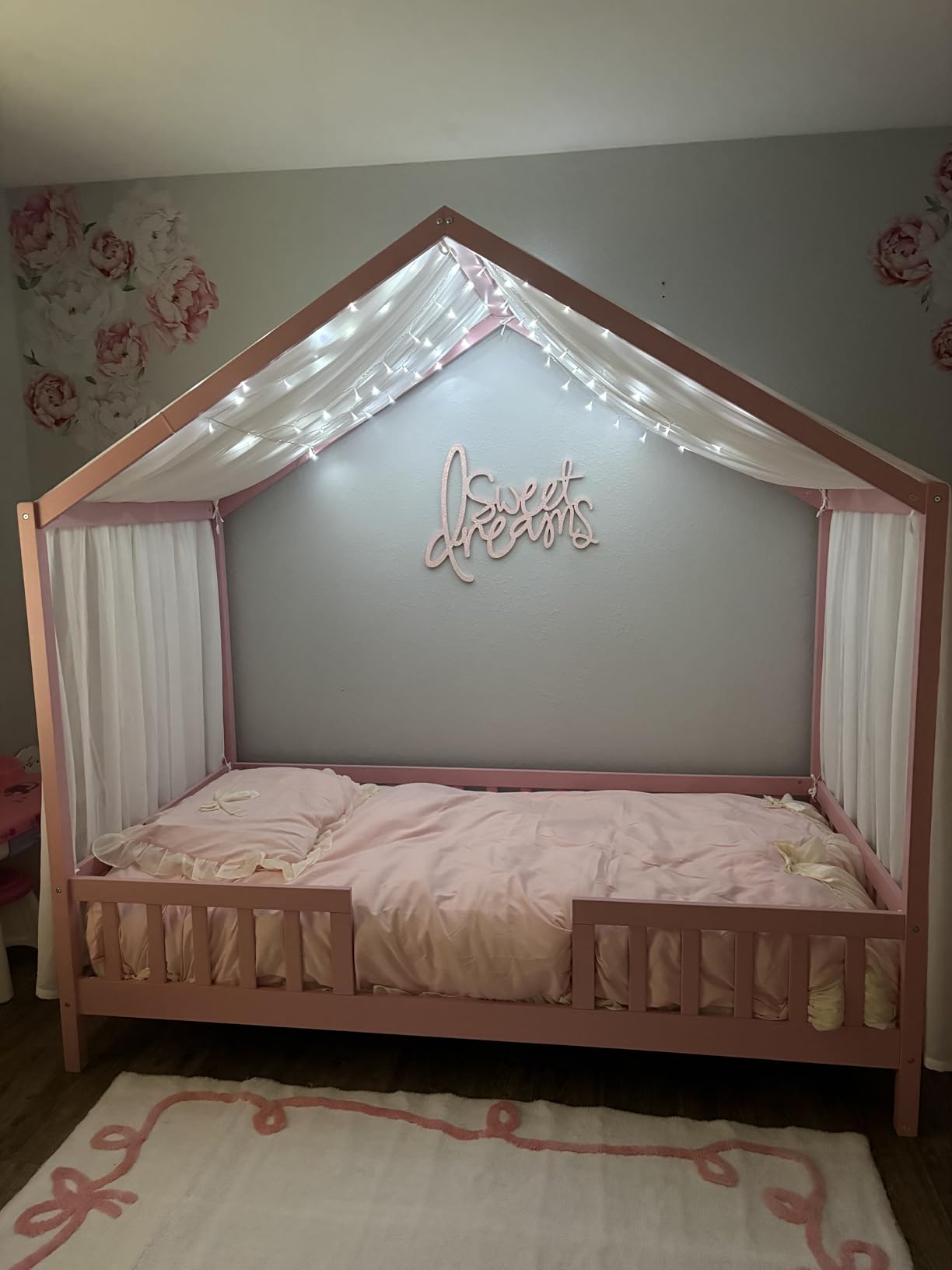Full Montessori House Bed with High Rails, Wood Kids Low Floor Bed with Roof & Canopy, Montessori Kids Full Bed Frame for Girls, Boys, No Box Spring Needed, Natural customer photo 1
