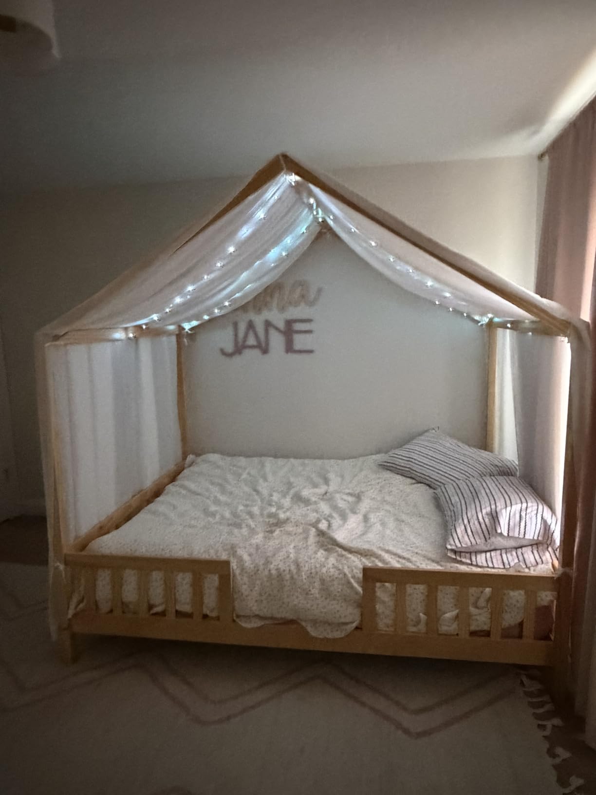 Full Montessori House Bed with High Rails, Wood Kids Low Floor Bed with Roof & Canopy, Montessori Kids Full Bed Frame for Girls, Boys, No Box Spring Needed, Natural customer photo 2