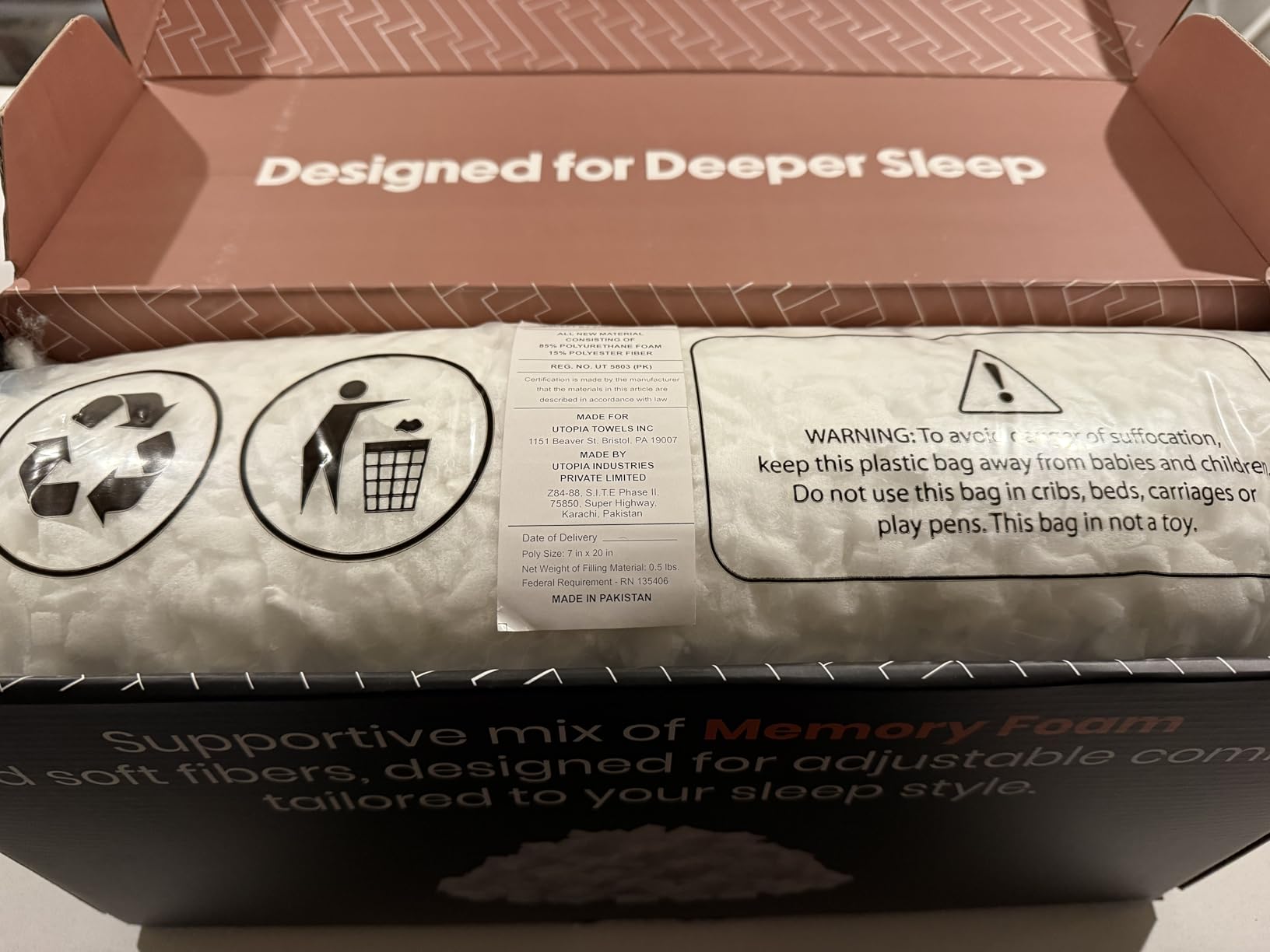 Utopia Bedding Shredded Memory Foam Pillows, Cooling Pillow, Queen, 1 Pack | Adjustable Bed Pillow for sleeping, Washable Jacquard-Polyester Cover, Support for back, side & stomach sleepers, Pack of 1 customer photo 2