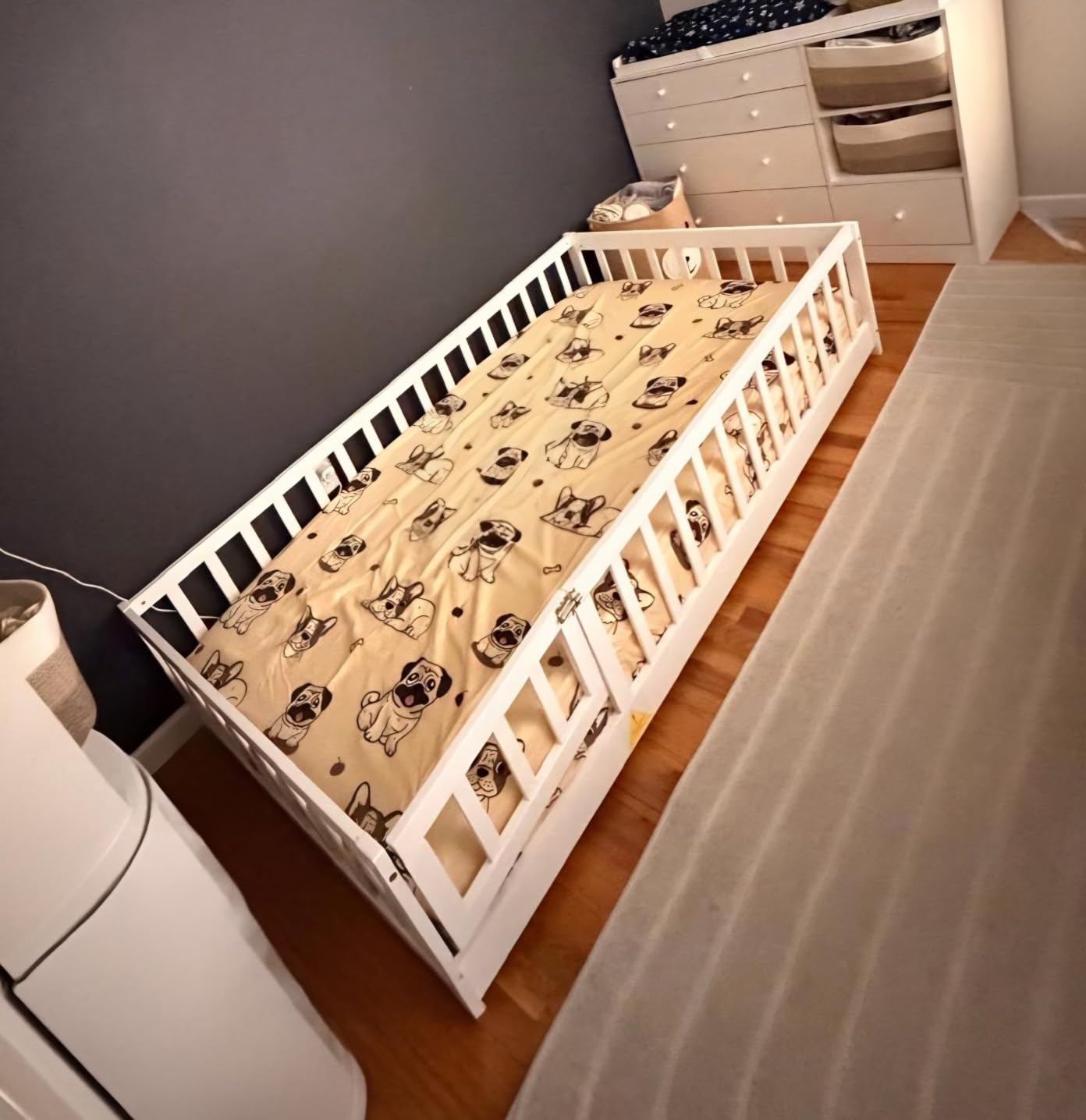 Full Size Montessori Floor Bed with Slats, Door and Guardrails, Natural customer photo 1