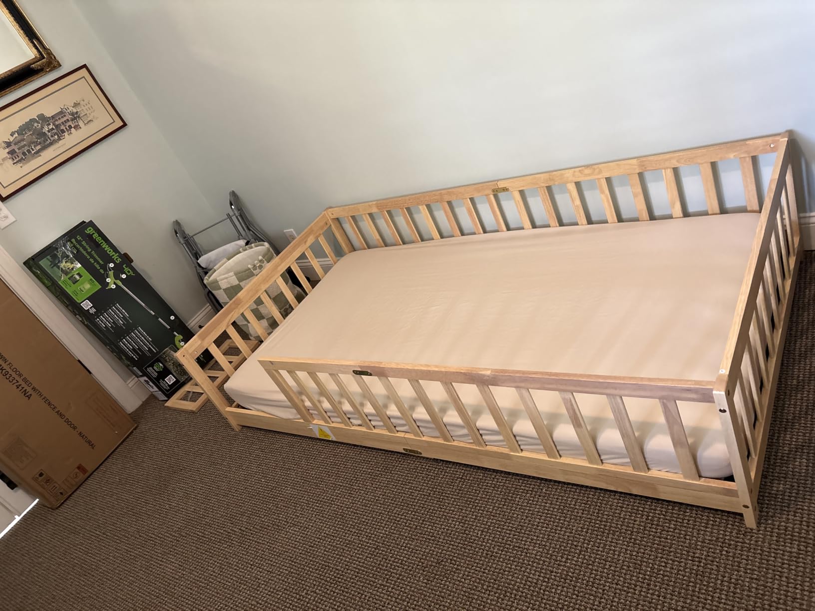 Full Size Montessori Floor Bed with Slats, Door and Guardrails, Natural customer photo 2
