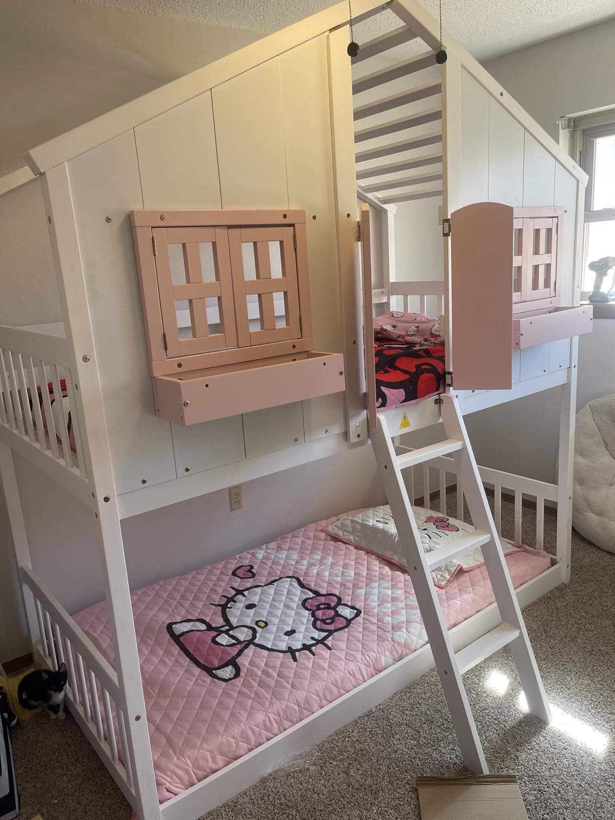 Full Over Full Size House Bunk Bed with Storage Bookshelf, Beige | Wood Playhouse Loft Bed with Window and Roof, Fences, Space Saving for Kids Adults, No Noise, No Box Spring Required customer photo 1