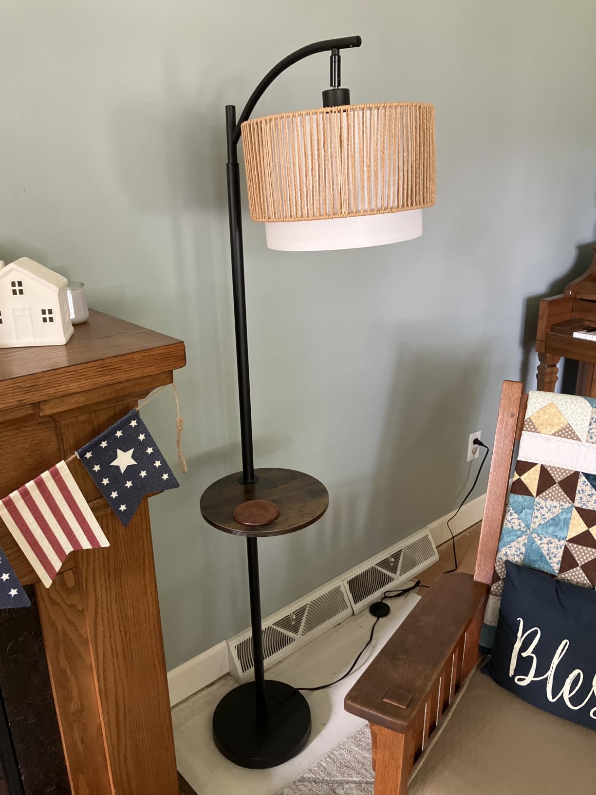 PESRAE Rattan Floor Lamp for Living Room, Farmhouse Arc Standing Lamp | Side Table with lamp, 3 Color Temperatures, Rattan & Fabric Lamp Shades, Boho Standing Lamp for Living Room, Bedroom Corner customer photo 1