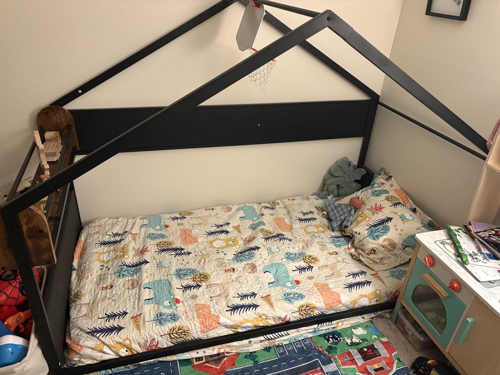 IRONCK Floor Bed Frame with Storage Space, Twin House Bed Frame, Black | Headboard with Pegboard, 8 Side Pockets, Upper Storage Shelf, Safety Rails, Metal Twin Bed for Bedroom customer photo 1