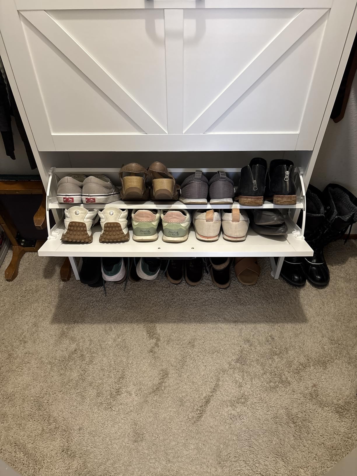 GRUSIGN Shoe Cabinet, Shoe Storage Cabinet with 2 Flip Drawers & Adjustable Shelf, Space-Saving Shoe Organizer - Holds 16+ Pairs, Narrow Shoe Cabinet Storage for Entryway/Hallway (White) customer photo 1