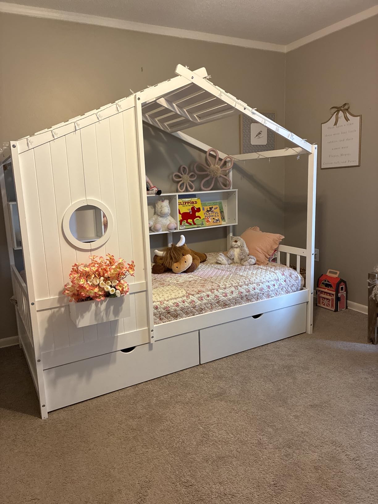 Bellemave Full Size House Bed with Storage Drawers, Kids House Bed Frame with Shelves, Cute Wood House Bed Full Size with Roof for Kids, Girls, Boys, White customer photo 2
