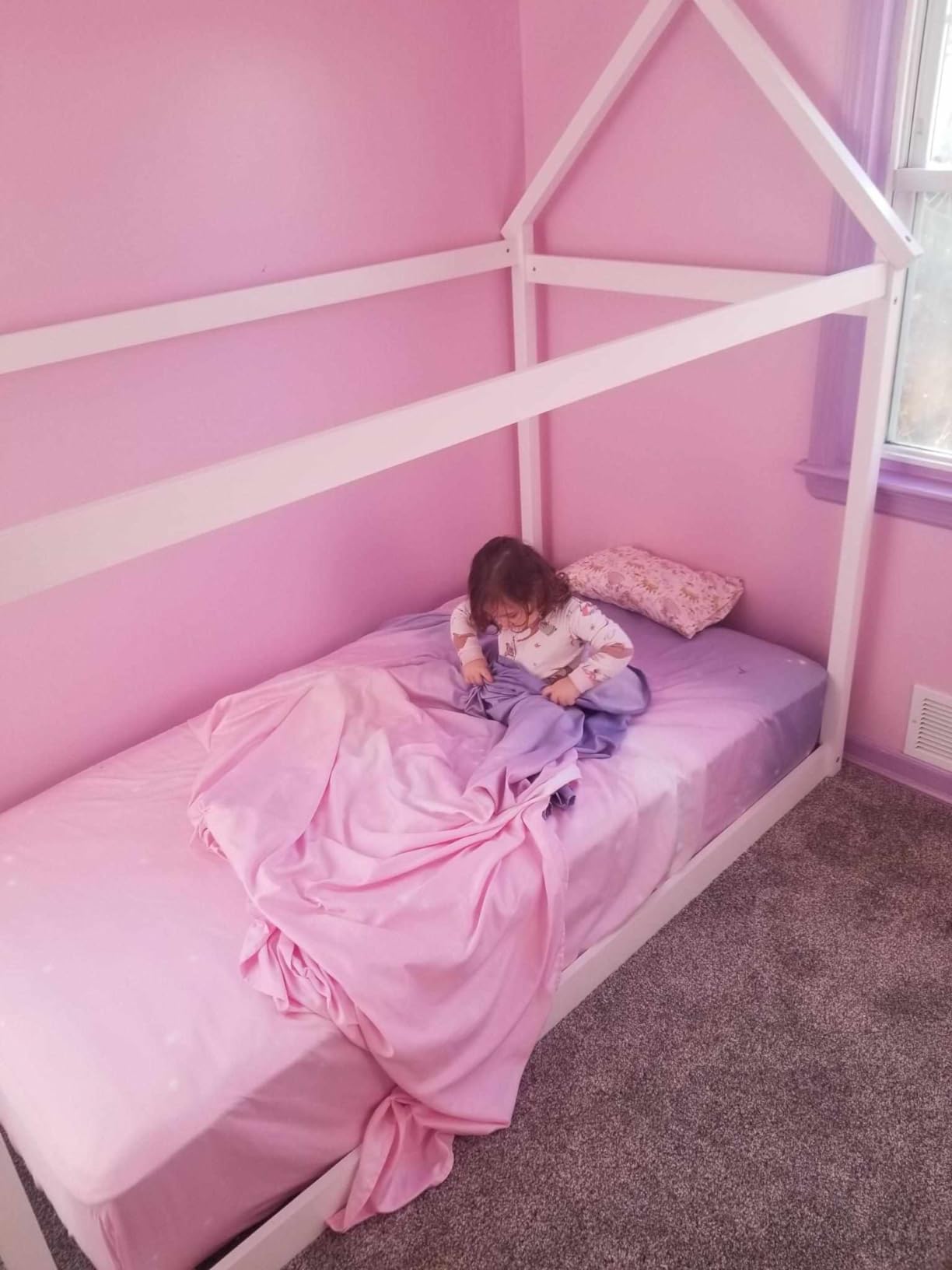 Costzon Twin Bed Frames for Kids, Wooden House Antlers-Shaped Floor Bed | Montessori Kids Bed w/Tent, Window, Fence Guard Rails, & Wooden Slat Support, No Box Spring Needed (Natural & Green) customer photo 1