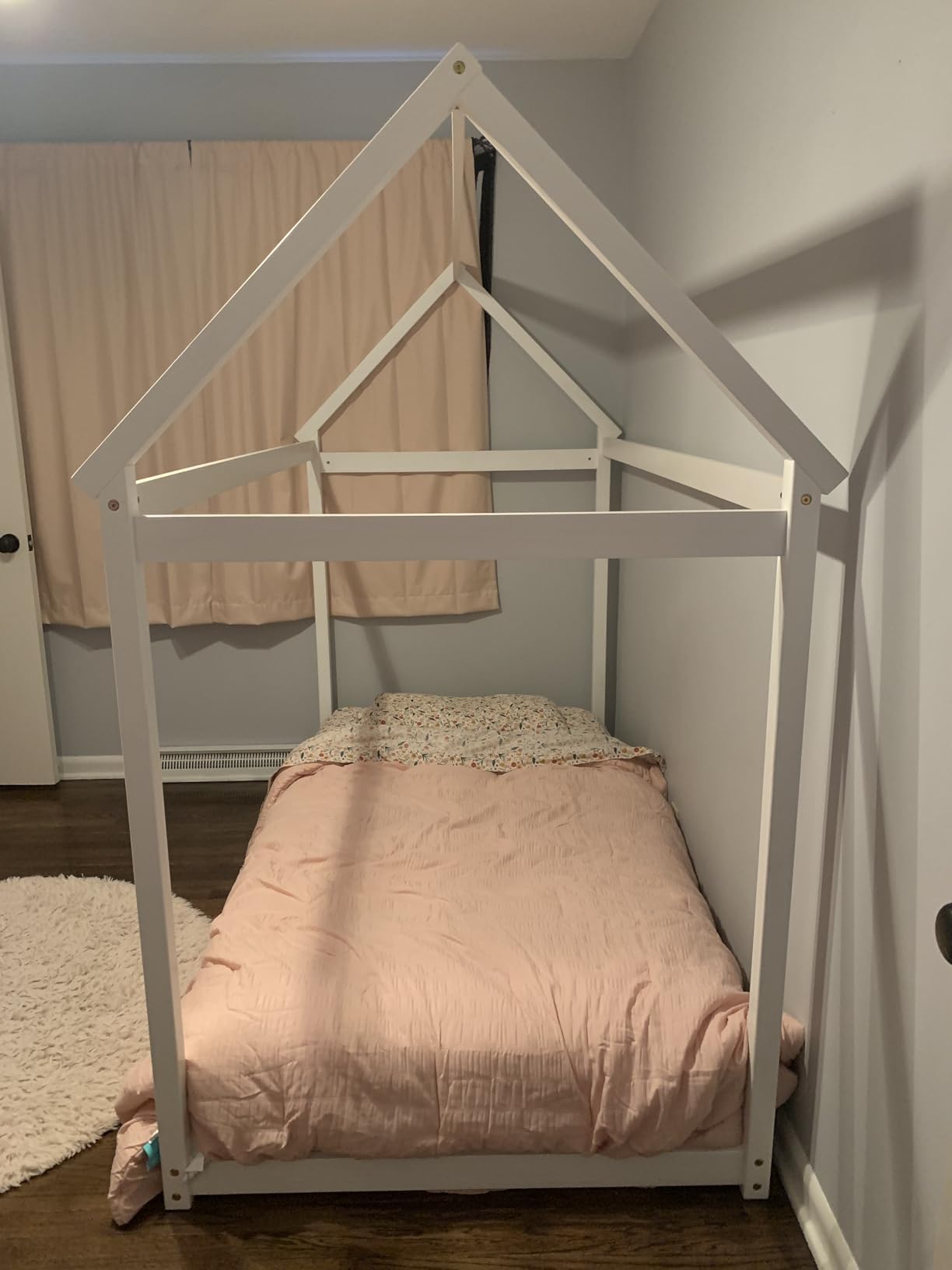 Costzon Twin Bed Frames for Kids, Wooden House Antlers-Shaped Floor Bed | Montessori Kids Bed w/Tent, Window, Fence Guard Rails, & Wooden Slat Support, No Box Spring Needed (Natural & Green) customer photo 2