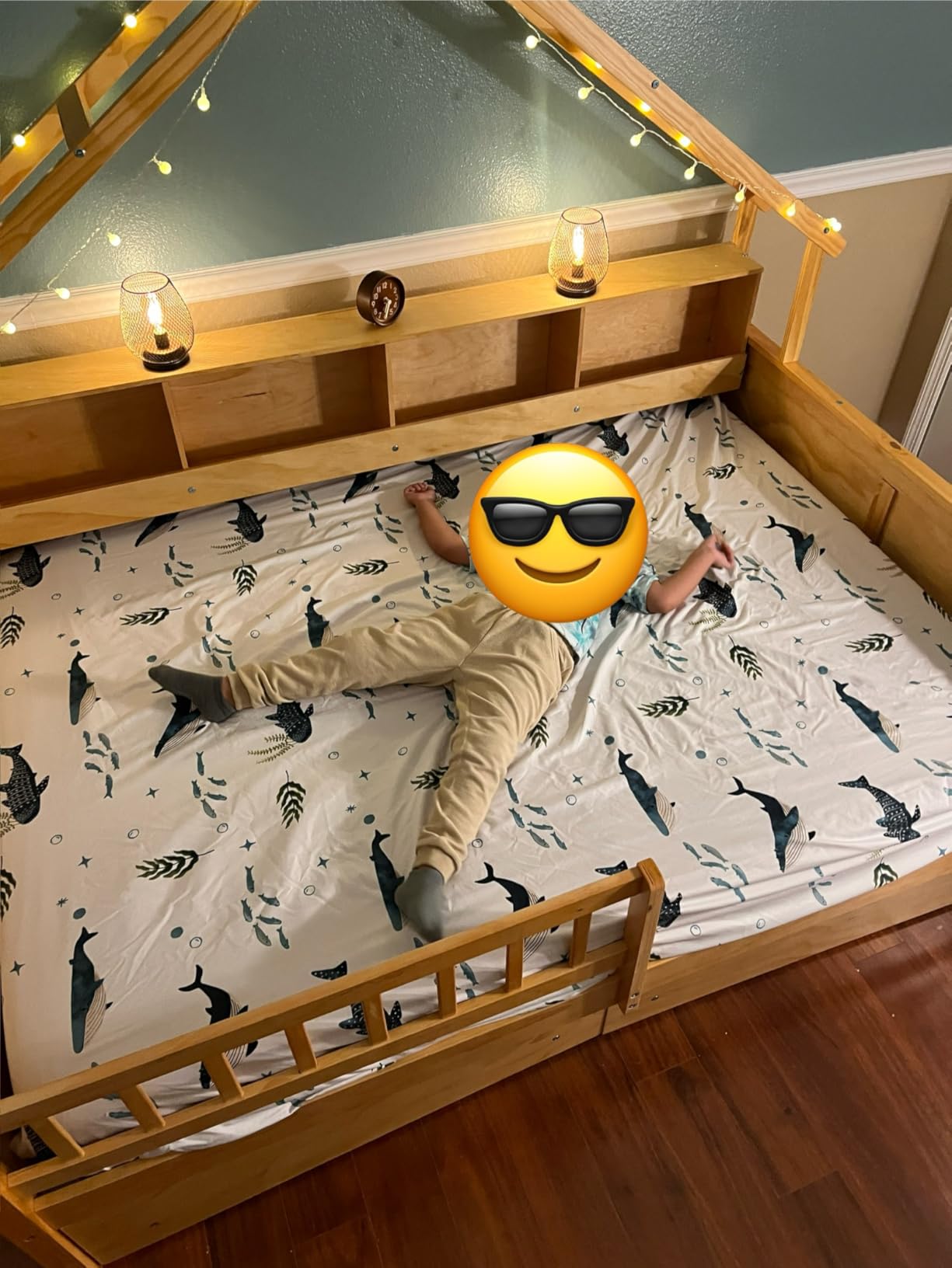 Merax Full Size House Platform Bed with LED Lights, Storage Shelves & Drawers - Bed with Guardrail, Sturdy Pine Wood & MDF Frame, White customer photo 1