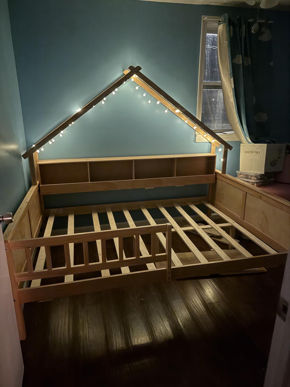Merax Full Size House Platform Bed with LED Lights, Storage Shelves & Drawers - Bed with Guardrail, Sturdy Pine Wood & MDF Frame, White customer photo 2
