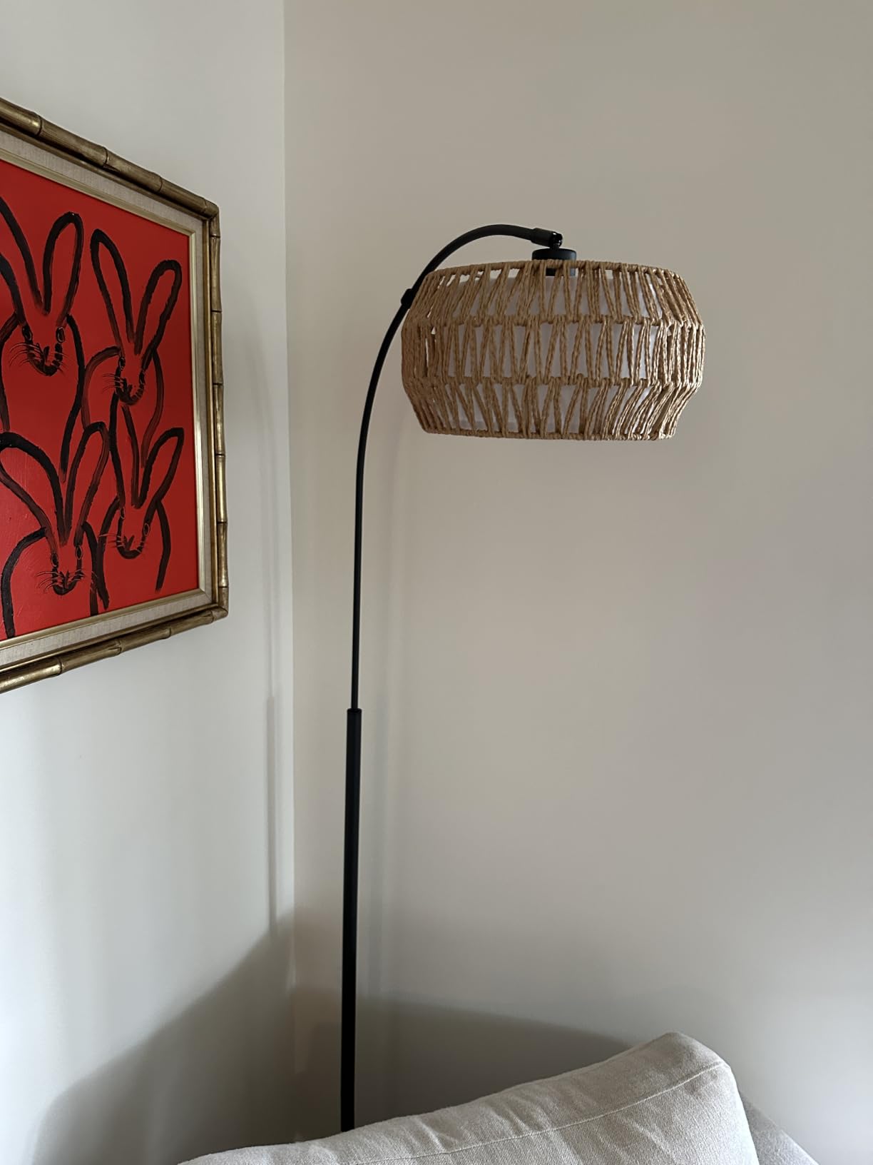 Ambimall Boho Arc Floor Lamp, Color Temperatures and Brightness Adjustable | Remote, Rotating Head, Innovative Easy-Assembly, Bohemian Rattan Floor Lamp for Living Room, Farmhouse Floor Lamp for Bedroom customer photo 1