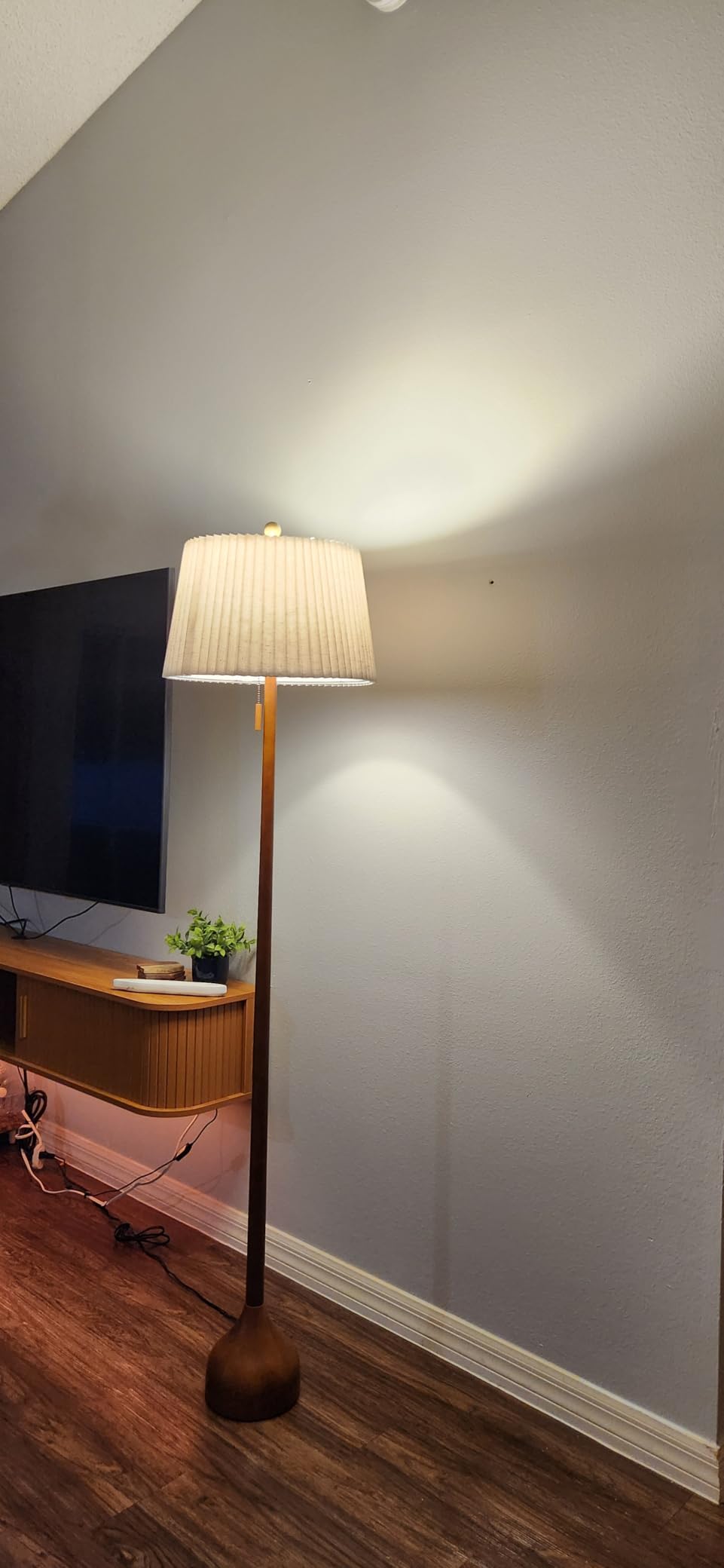 MOFFE Mid Century Modern Real Wood Floor Lamp with Remote, 2 Shades, 65