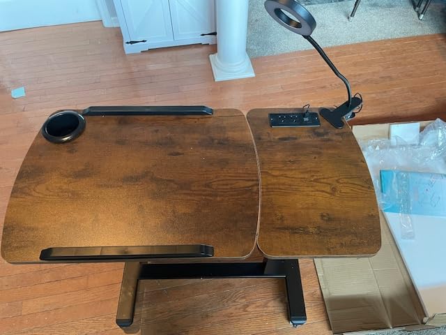 Overbed Table with Wheels Adjustable Height, Foldable Over Bed with 360° Swivel Tilt, Charging Station, LED Light, Rolling Bedside for Hospital, Couch Home & Office (Rustic Brown) customer photo 1