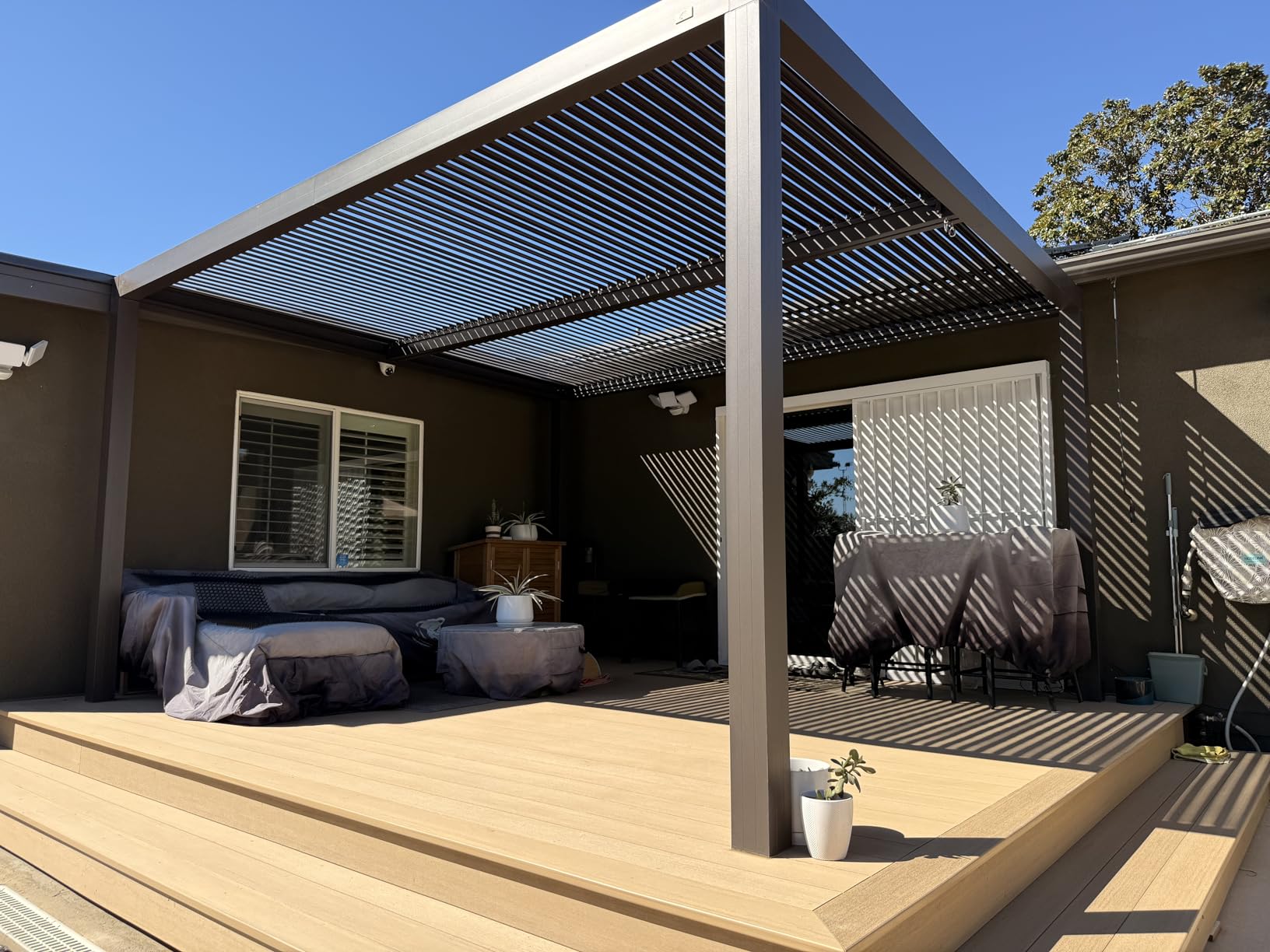PURPLE LEAF Louvered Pergola 10' × 14' with 1 Long and 2 Short Khaki Canopy customer photo 2