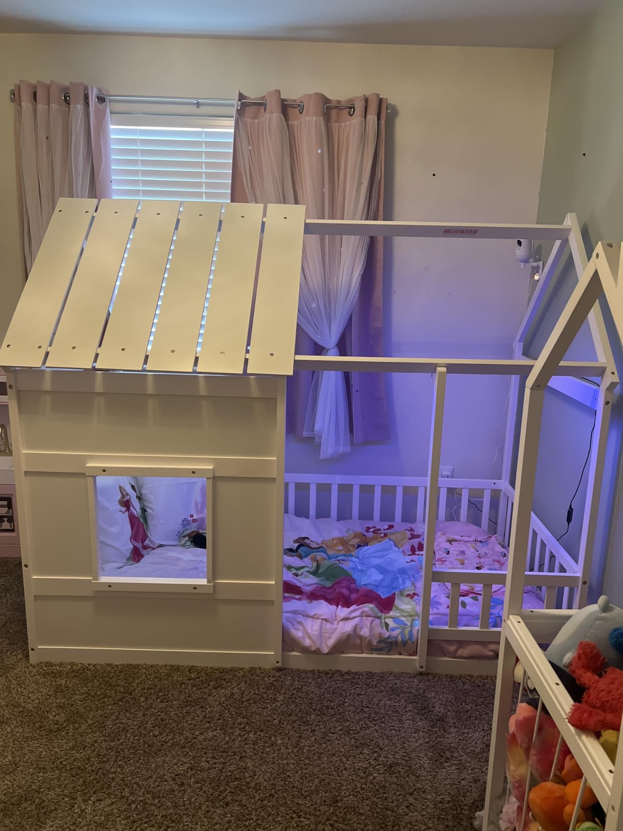 Twin House Bed with LED Light and Bookcase, White House Bed for Kids with Rails, Roof and Window, Wood Twin Montessori Floor Beds for Girls & Boys, Playhouse Beds, White customer photo 1
