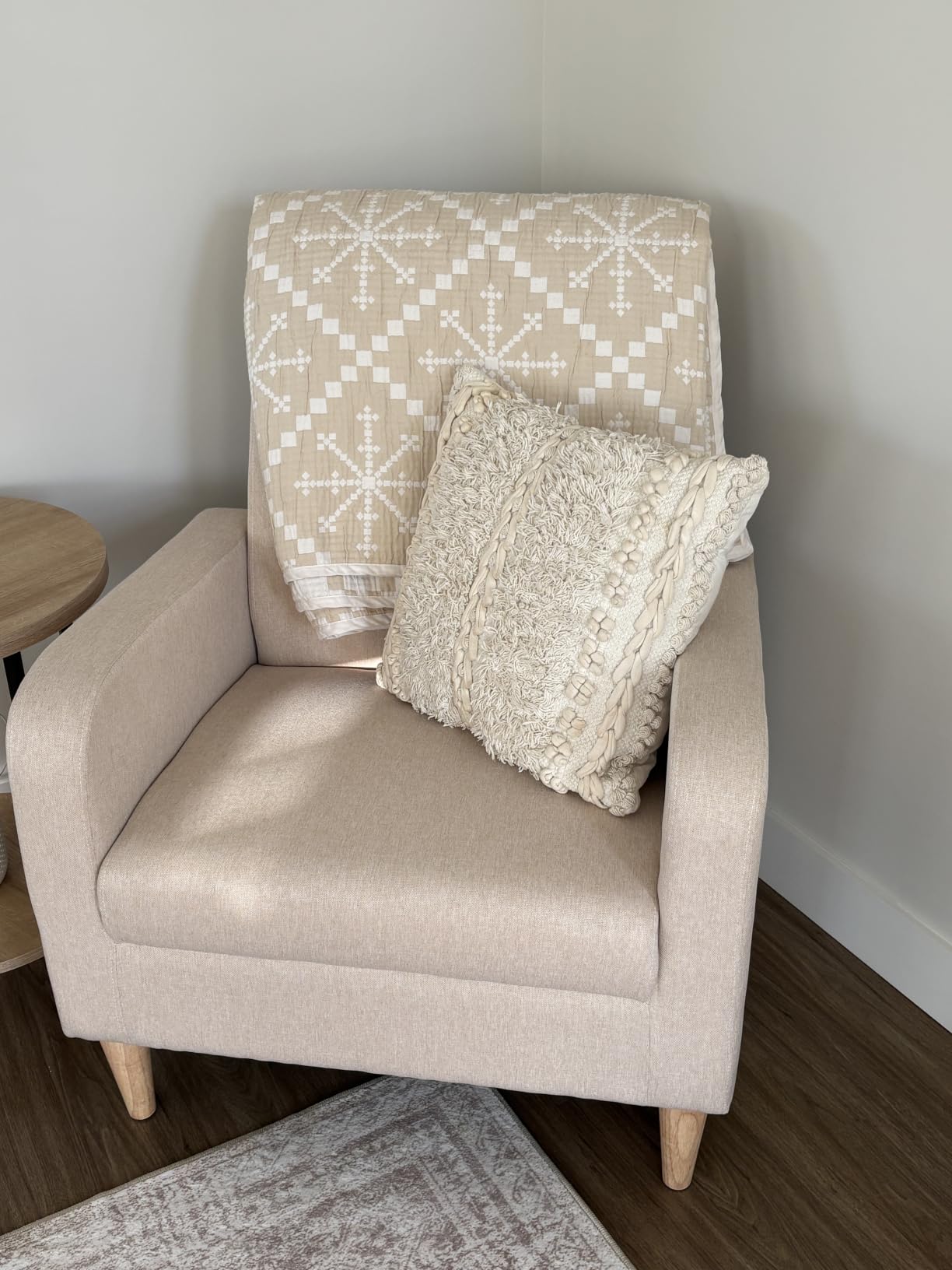 COLAMY Mid-Century Modern Accent Chairs Set of 2, Fabric Upholstered Living Room Chairs with Back Pillow & Solid Wood Legs, Comfy Armchair for Living Room, Bedroom, Single Sofa, Beige customer photo 1