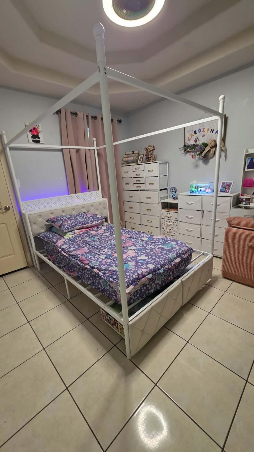 Queen Size Canopy Bed Frame with Charging Station and LED Lights | Button Tufted Storage Headboard, 2 Underbed Drawers, Metal Platform Bed & 4 Removable Posts, Metal Slats, No Box Spring Needed customer photo 2