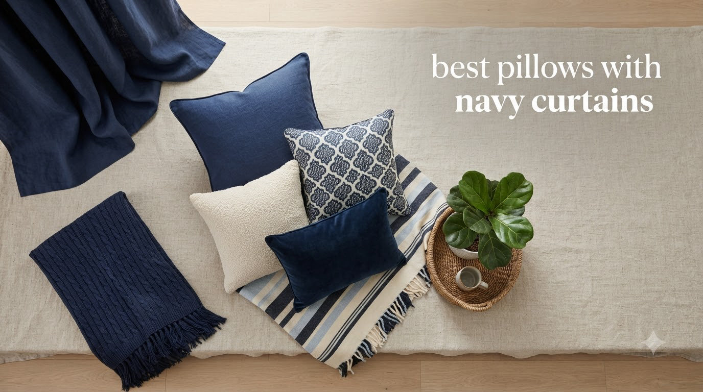 best pillows with navy curtains