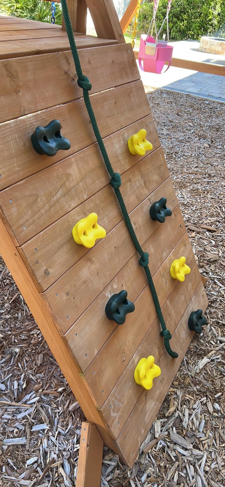 Gorilla Playsets 01-1033 Ozark II Wood Swing Set with Green Vinyl Canopy, Rock Wall, and Punching Ball customer photo 1