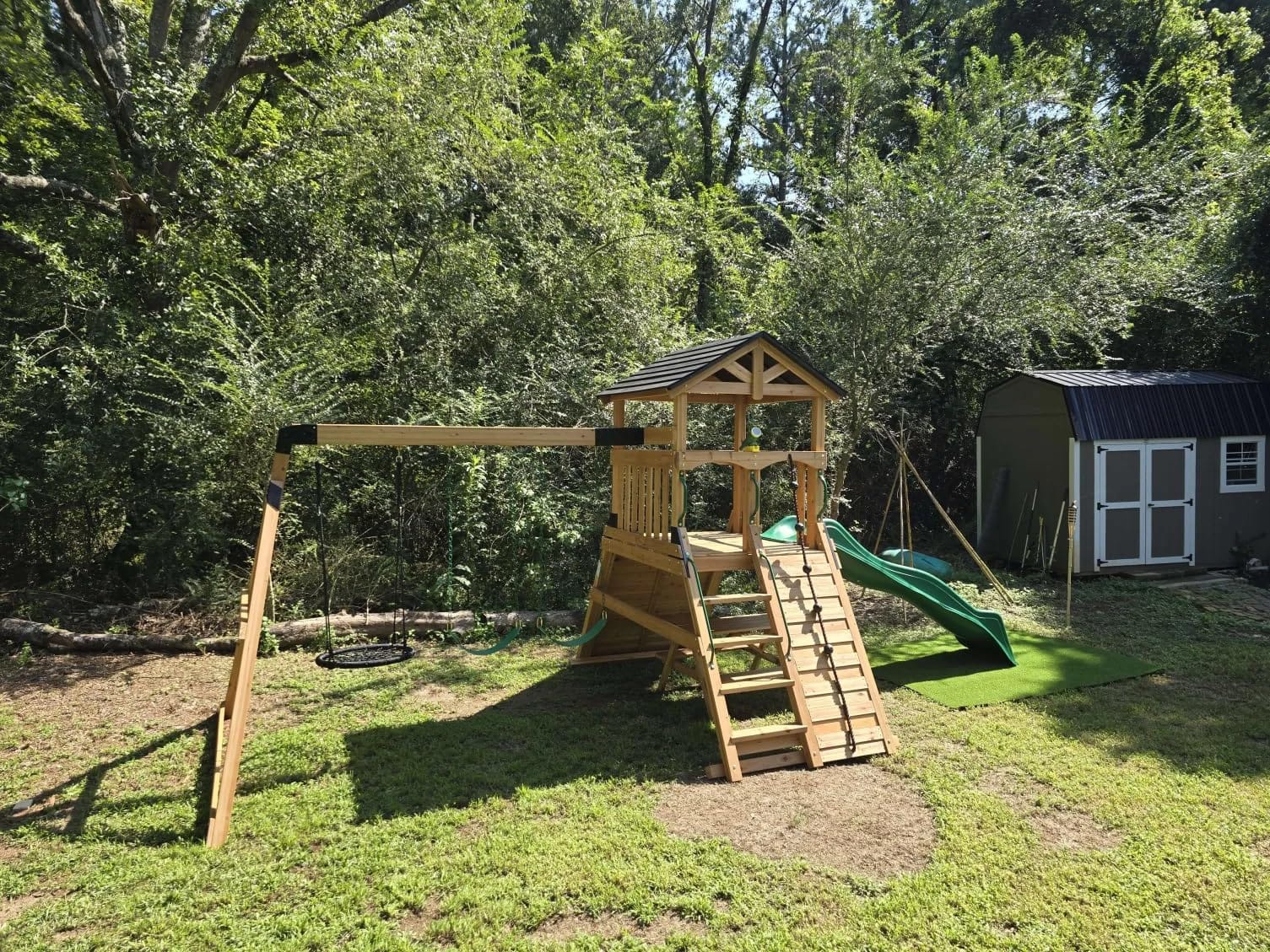 Backyard Discovery Endeavor II Cedar Wood Swing Set with Wave Slide, Play Deck, Double Rock Wall, Picnic Table, Climbing Wall, Belt Swings, Web Swing, Toy Telescope, Step Ladder, Outdoor Playset customer photo 2