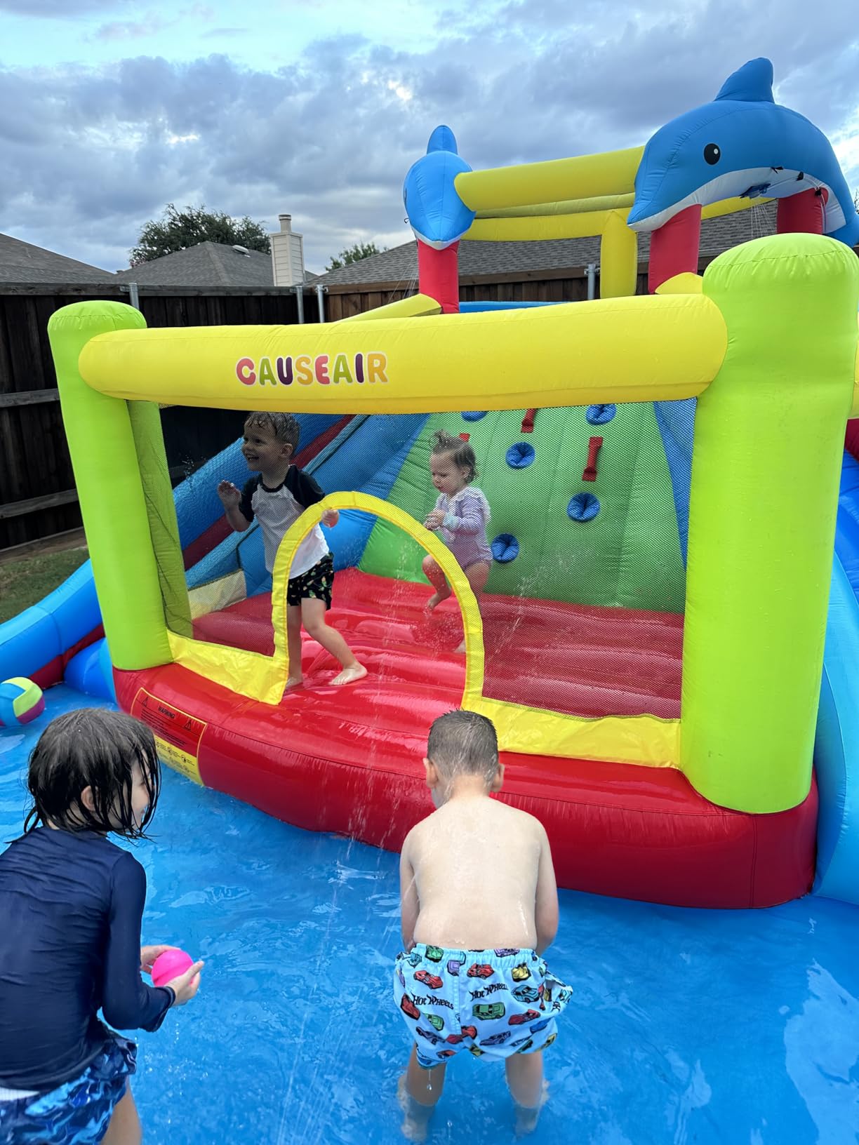 Causeair Inflatable Water Slide with Bounce House,Dolphin Styling,Splashing Pool,Double Water Cannon,Climbing Wall,Heavy Duty Air Blower,Inflatable Water Park Slide for Kids Backyard Summer customer photo 2
