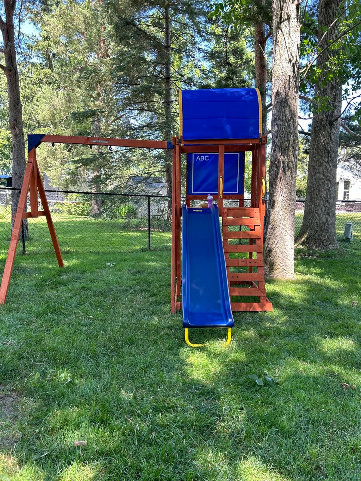 Sportspower Augusta Cedar Wooden Swing Set for Kids Ages 3-8, Outdoor Backyard Playset with 2 Sling Swings, Play Fort with Canopy, Heavy-Duty A-Frame on 6ft Slide, Bonus Anchor Kit customer photo 1