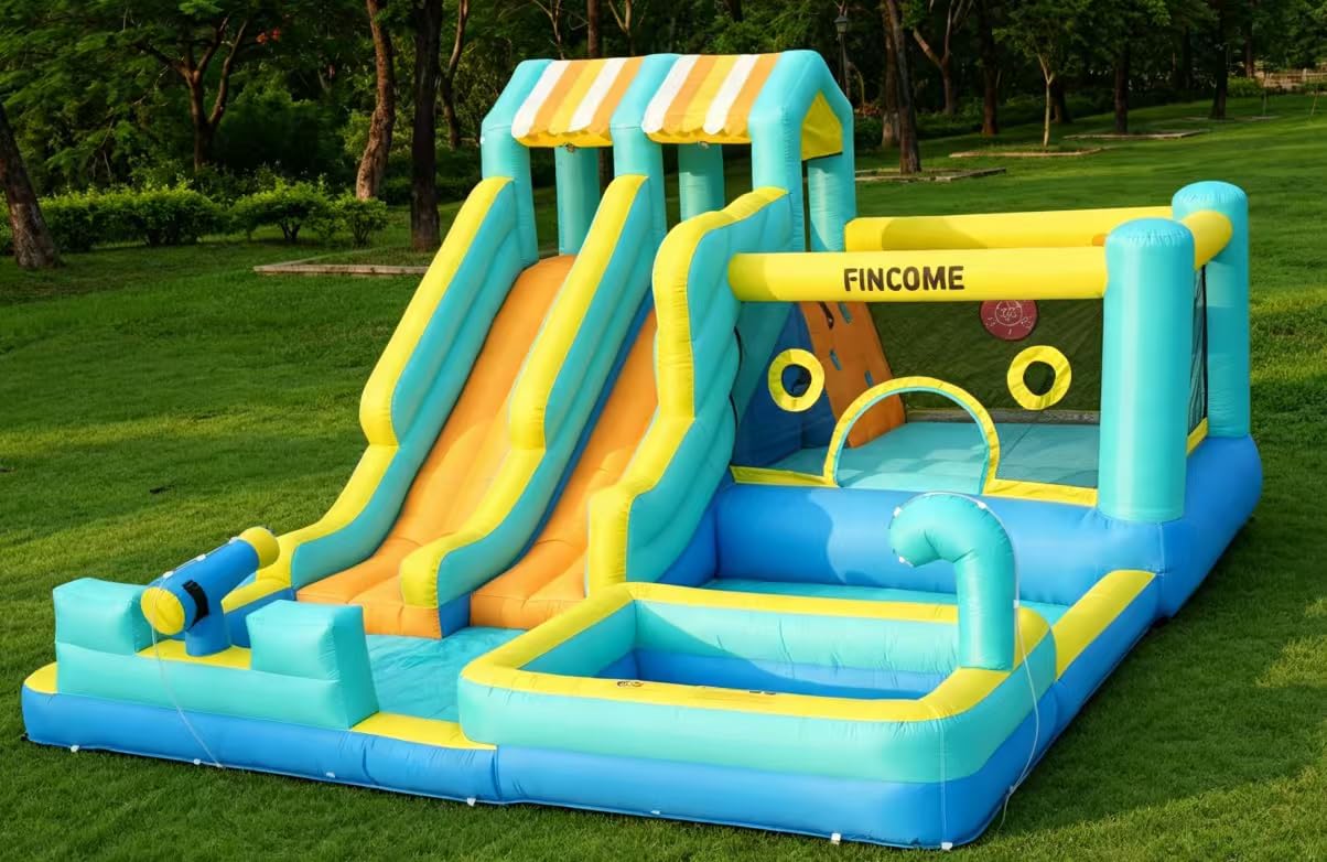 FINCOME Inflatable Bounce House, 10 in 1 Double Water Slide Bounce House with 750W Blower, Climbing Wall, Jumping, Water Gun, Splash Pool, Basketball Hoop for Kids Indoor Outdoor Backyard customer photo 2