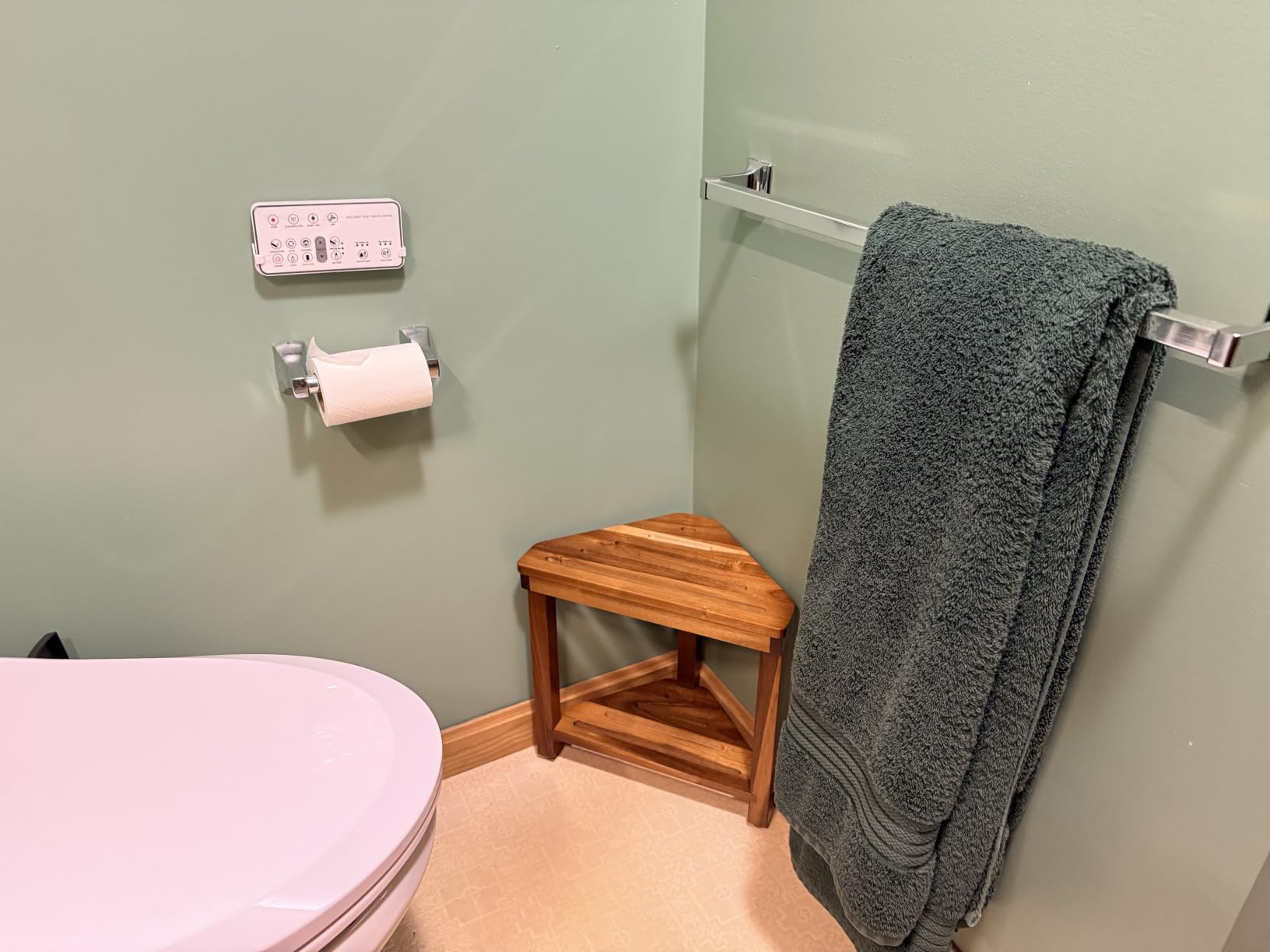 Boulphia Shower Foot Rest 14in, Acacia Wood Shower Stool for Shaving Legs, Waterproof Corner Shower Stool with Storage Shelf for Inside Small Shower Spaces, Wood Color customer photo 1