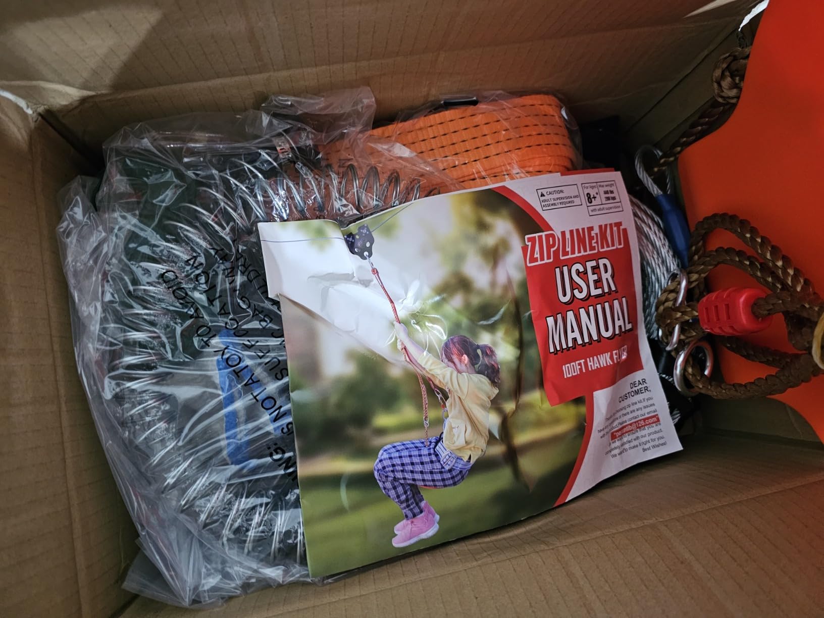 Zipline for Backyard Kids and Adults,Zipline Kits for Backyard with 80ft Cable,6ft Zipline Spring Brake and Belt,Zip line Trolley with Handle,seat and Bag customer photo 2