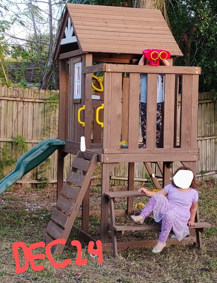 VEVOR Outdoor Wooden Playhouse, Modern Cedar Playhouse for Age 3-10 Years Kids, Garden Games Cottage, Country Style Cedar with Slide, Ladder, Climbing Wall, Windows, Picnic Table and Bench customer photo 1