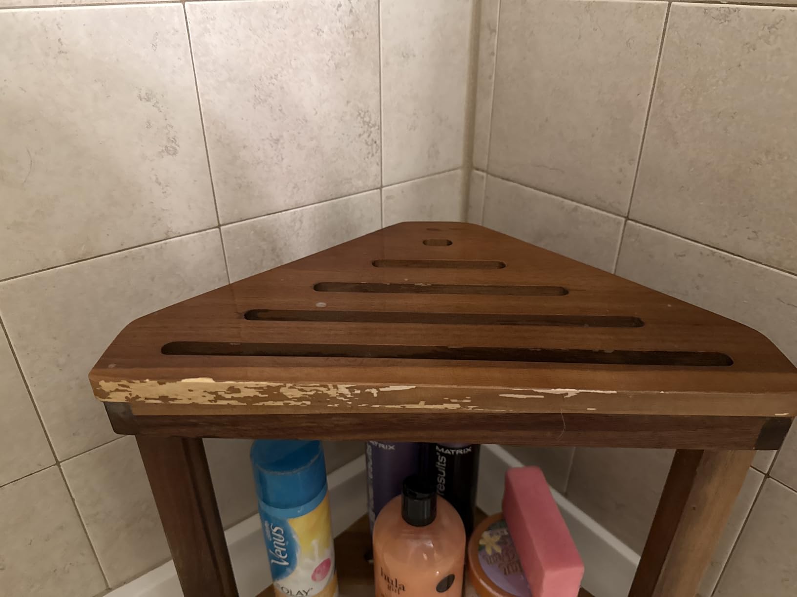 Shower Foot Rest 15 in, Acacia Shower Stool for Shaving Legs,Corner Bath Shower Bench with Starage Shelf for Inside Small Shower Spaces customer photo 2