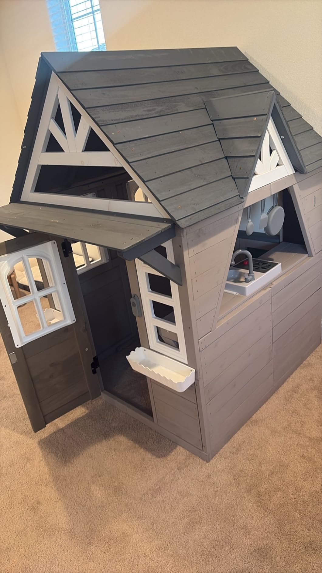 Seizeen Outdoor Play House for Kids, Fir Wooden Kids Playhouse Outdoor Indoor Cottage Toddler Playhouse with Kitchen, Dutch Door, Bench, Flowerpot Holders, Working Doorbell, Pet Hole, Clock (Brown) customer photo 2